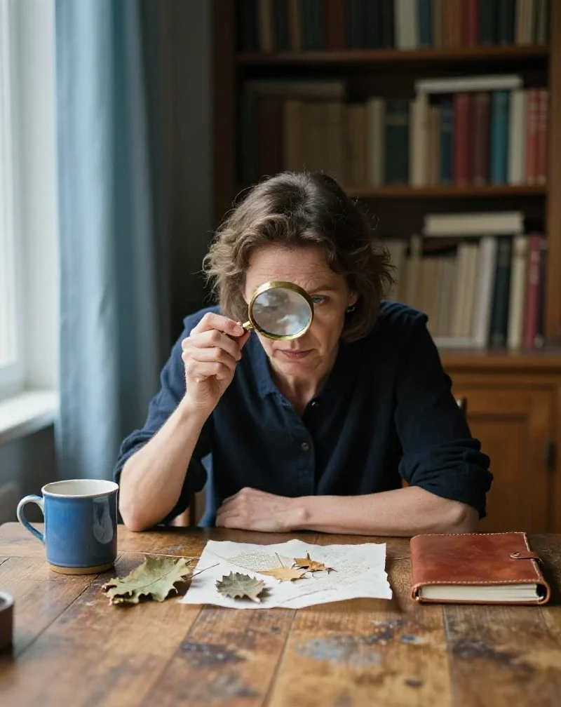 Une femme examine des objets du quotidien à la loupe pour illustrer l'analyse détaillée du blog.