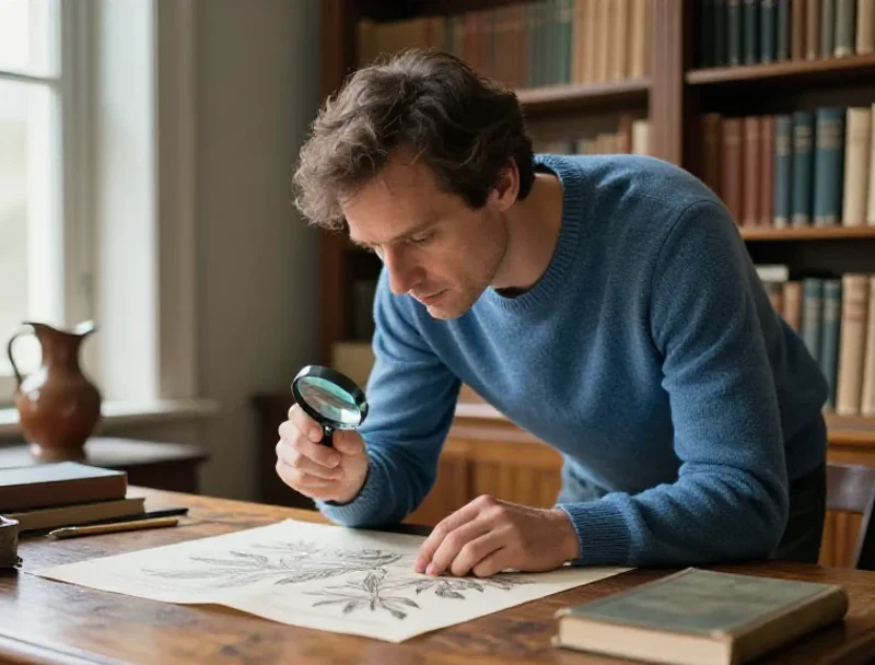 Un homme examine un document à la loupe pour illustrer l'analyse détaillée du quotidien.
